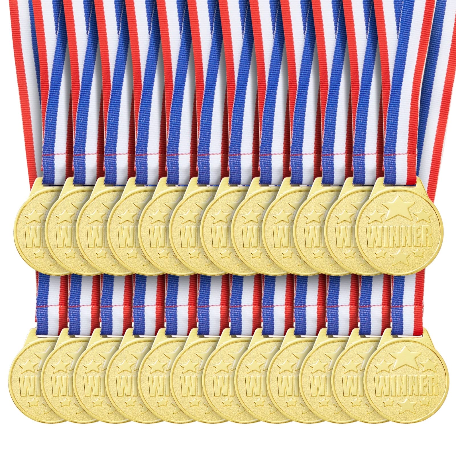 Juvale 24 Pack Gold Winner Medals For Kids And Adults - Participation Awards With 15.3-Inch Red, White, And Blue Neck Ribbons Fo