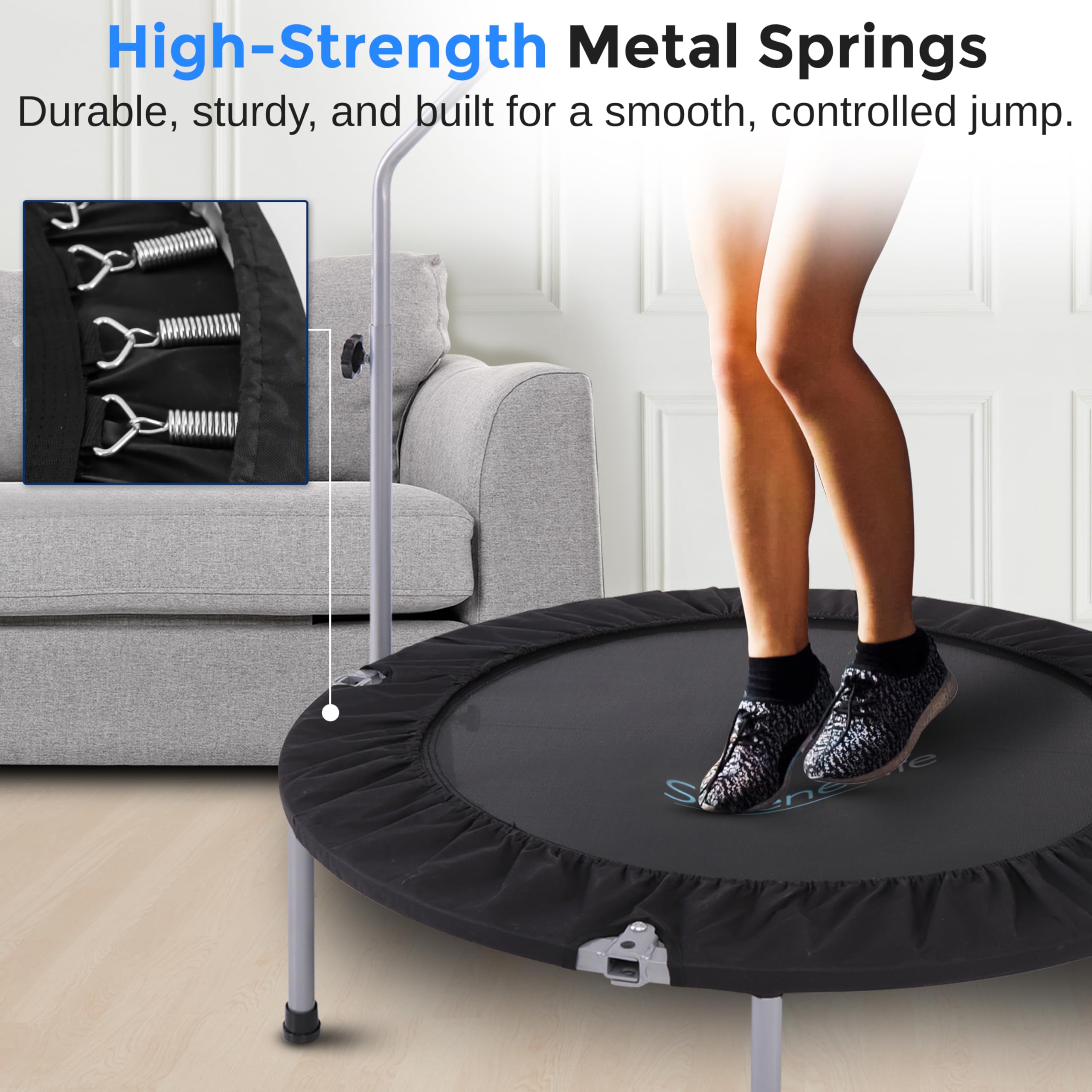 Serenelife 40 Foldable Mini Trampoline - Compact Fitness Trampoline For Kids Adults, Exercise Rebounder With Adjustable Foam Han