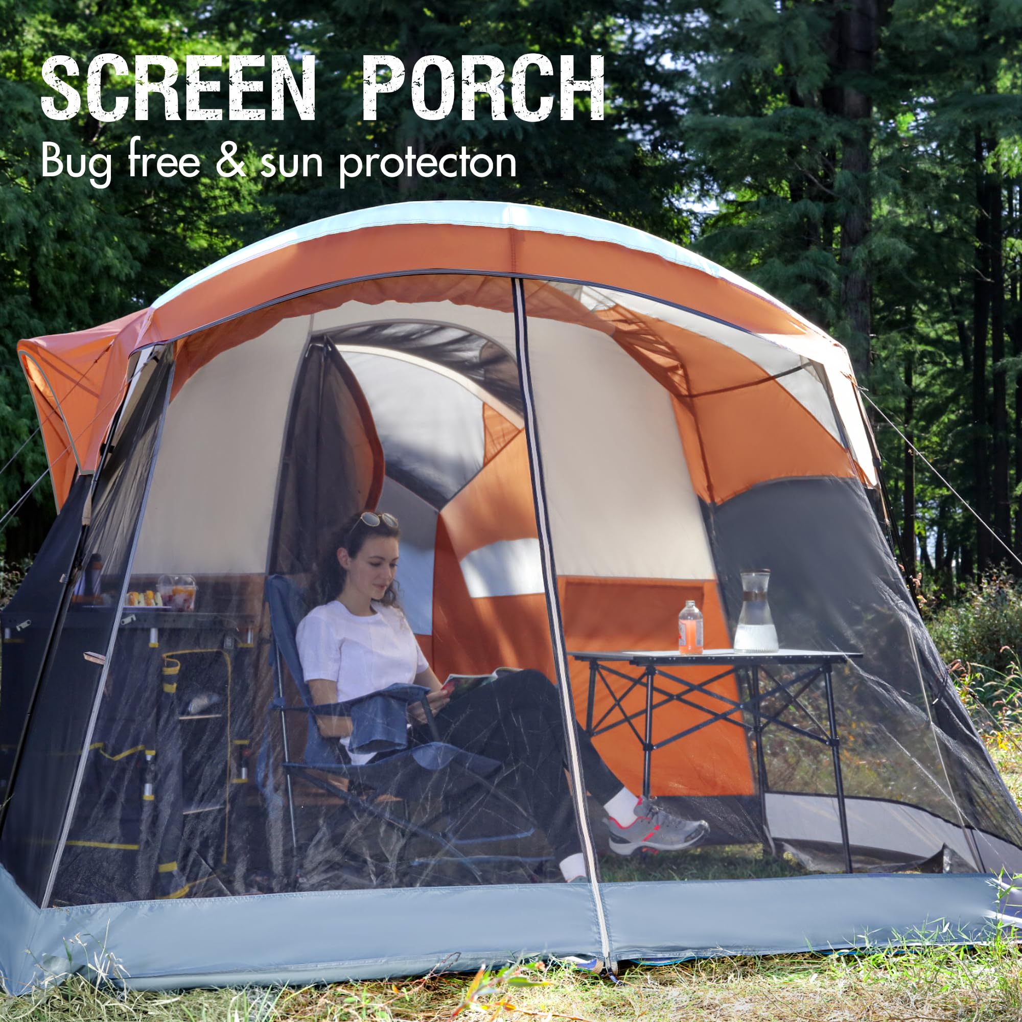 Portal 8 Person Family Tent For Camping With Screen Porch, Waterproof Large Camping Tent With Rainfly, Big Family Tents For Outd