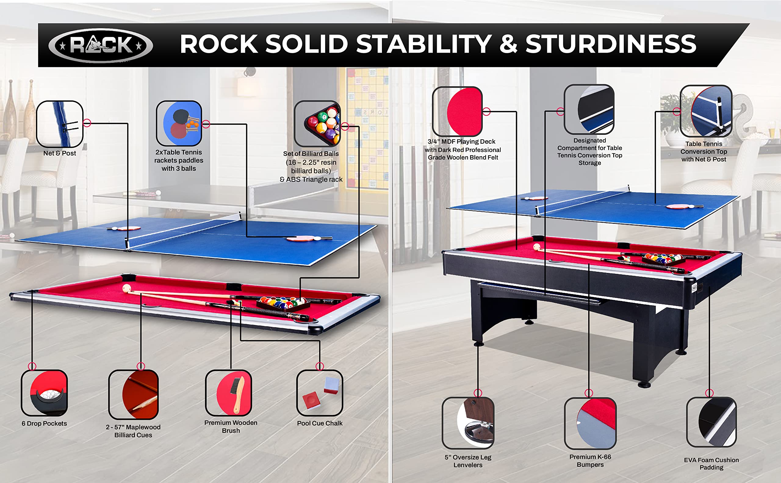 Rack Scorpius 7-Foot Multi Game Billiard/Pool With Table Tennis (Red Felt With Black Body) - The Ultimate Entertainment For Frie