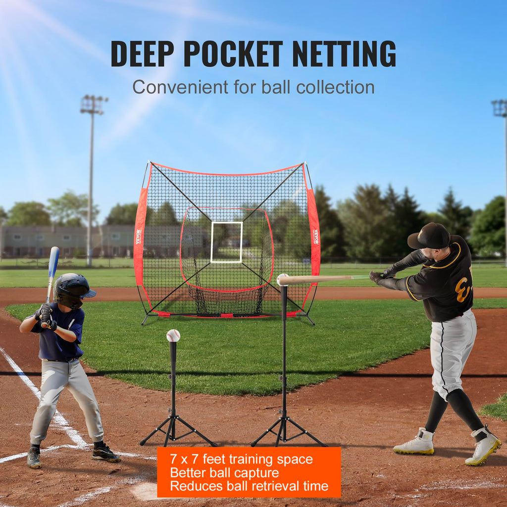 Vevor 7X7 Ft Baseball Softball Practice Net, Portable Baseball Training Net For Hitting Batting Catching Pitching, Backstop Base