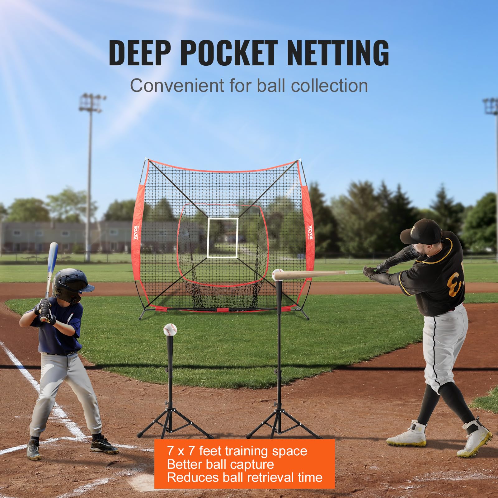 Vevor 7X7 Ft Baseball Softball Practice Net, Portable Baseball Training Net For Hitting Batting Catching Pitching, Backstop Base