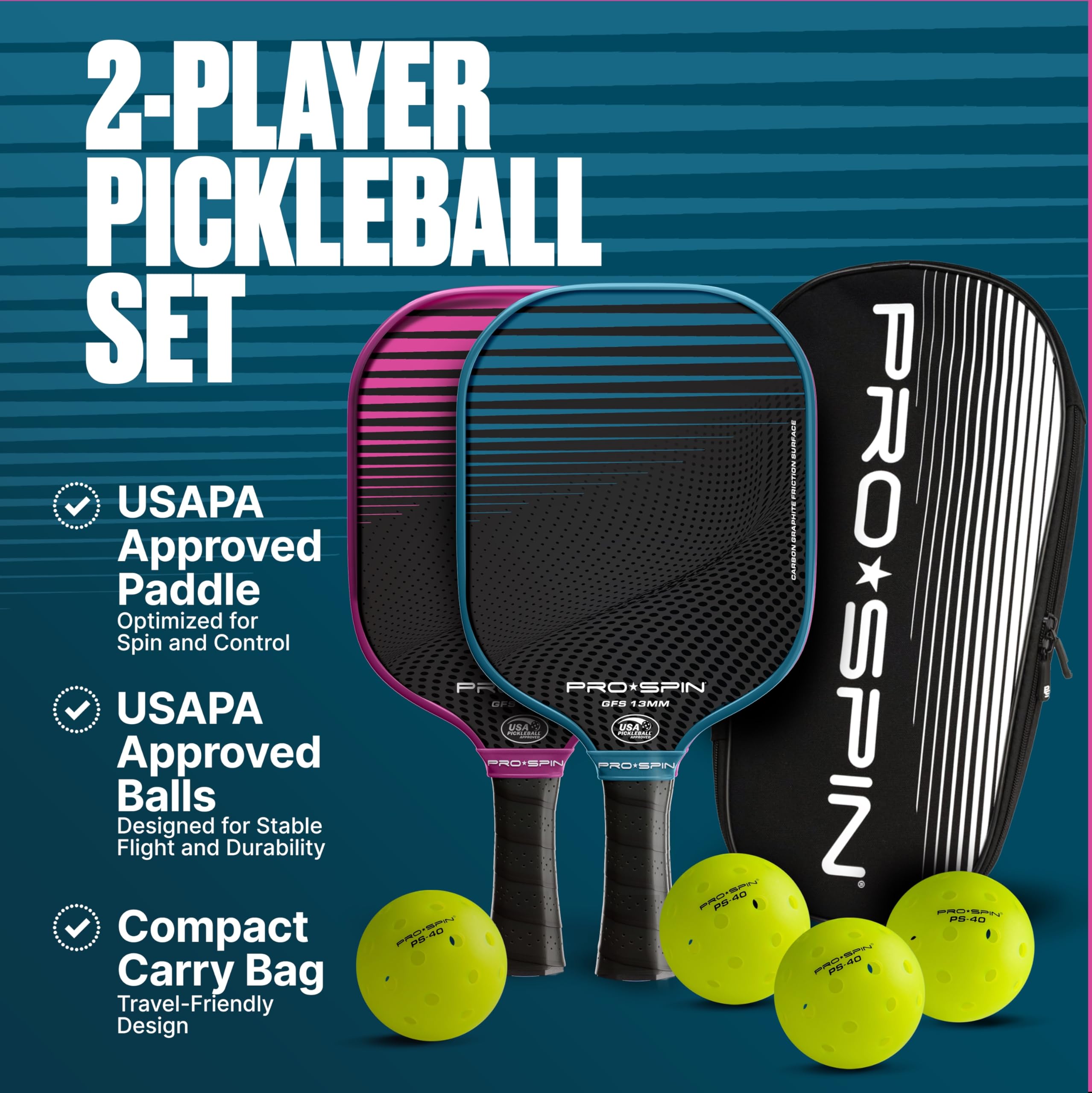 Pro Spin Pickleball Paddles - Set Of 2 Usapa-Approved Graphite Carbon Pickle Ball Paddles, 4 High-Performance Pickleball Balls,