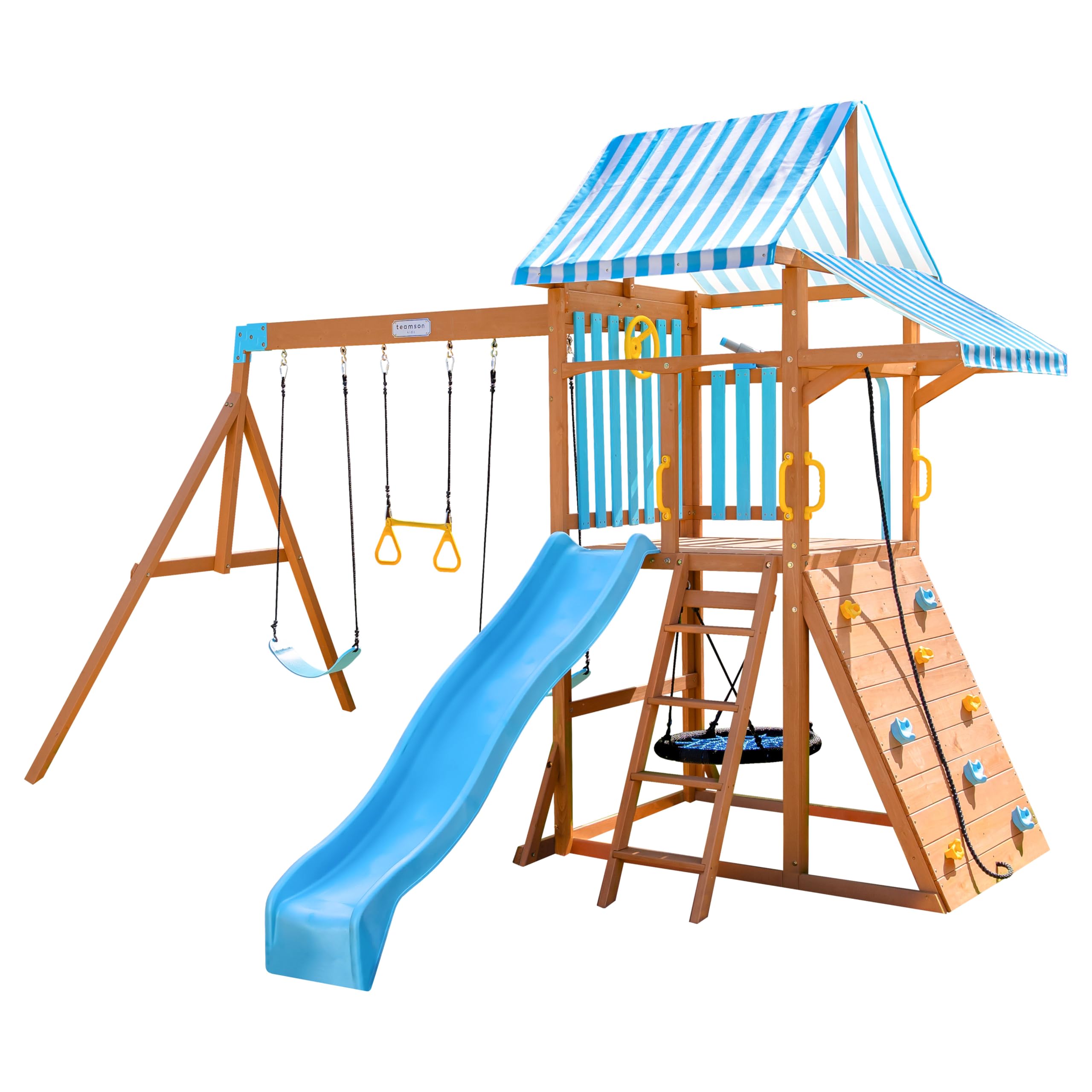 Teamson Kids Laguna Wooden Swing Set with Slide & Climbing Wall, Solid Wood, Natural and Aqua