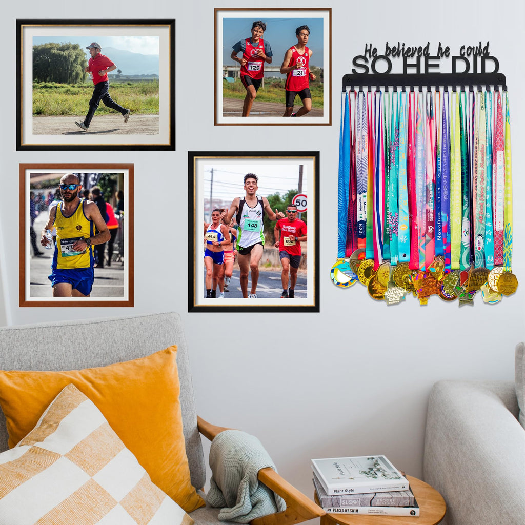 Goutoports Medal Holder Display Hanger - He Believed He Could He Did - Personalized Medal Wall Hanger for Sport Race Runner Stur