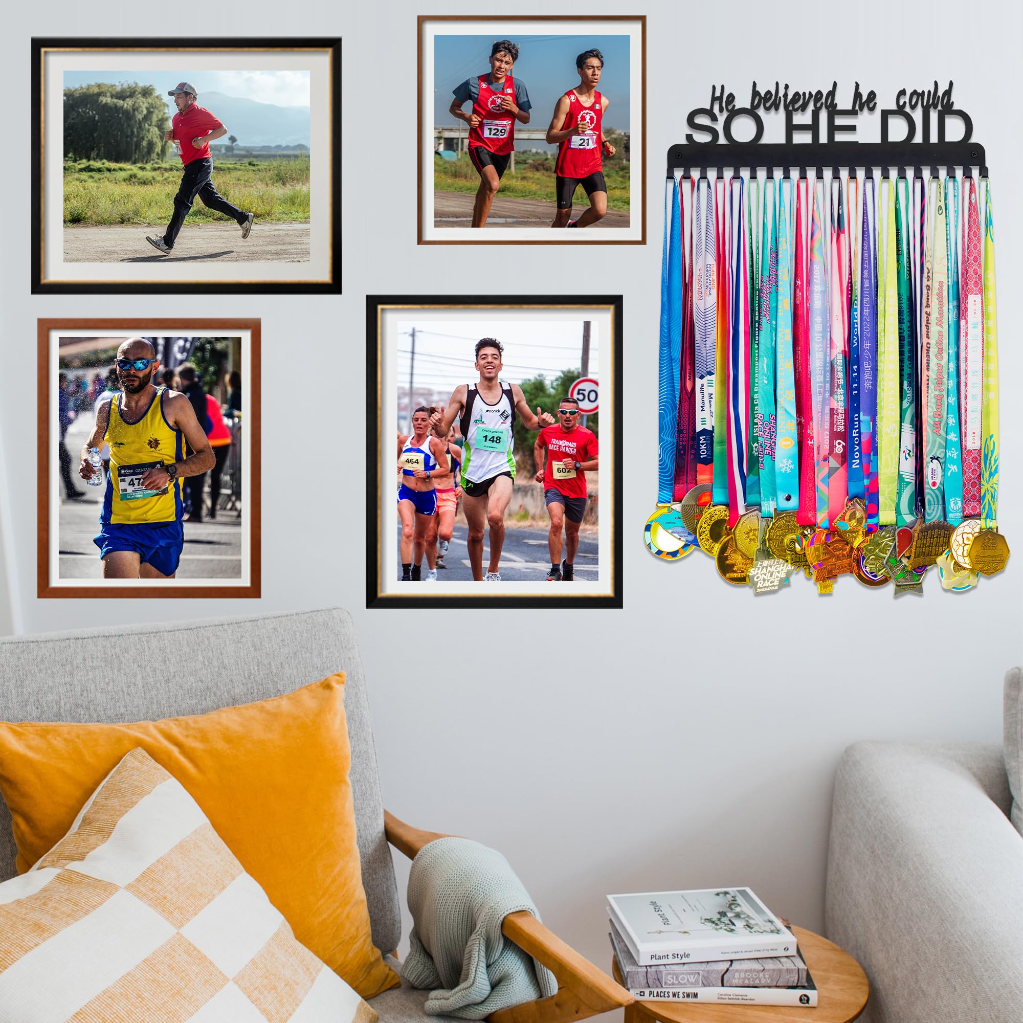 Goutoports Medal Holder Display Hanger - He Believed He Could He Did - Personalized Medal Wall Hanger for Sport Race Runner Stur