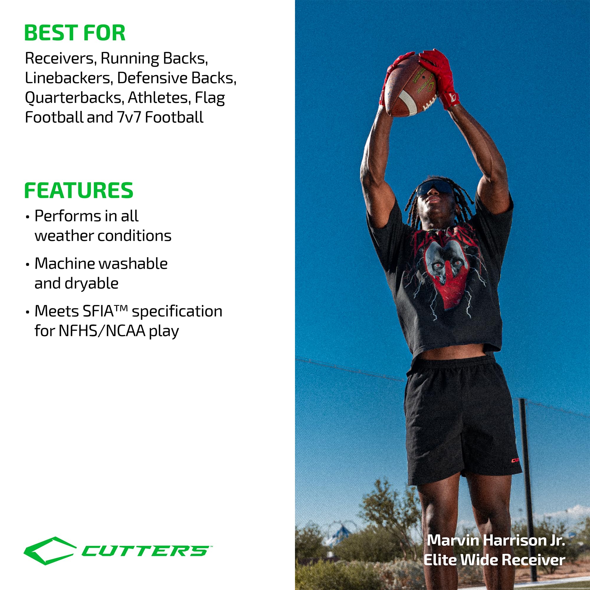 Cutters Football Gloves - Game Day Football Receiver Gloves with High Tack Silicone Grip, Superior Support and Protection - Soli