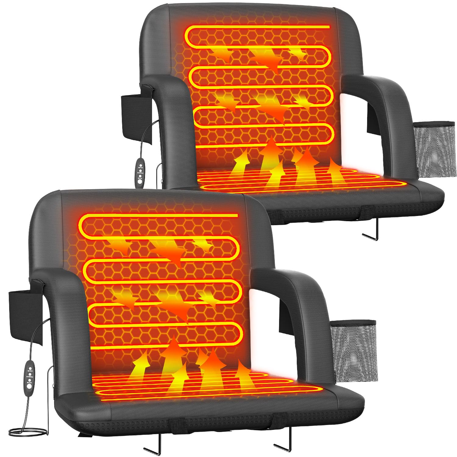 Suteck 2Pc Dual-Side Heated Stadium Seat With Back Support, 21 Wide Cushion, Foldable Bleacher Chair W/Usb 3-Level Heating, 5 St