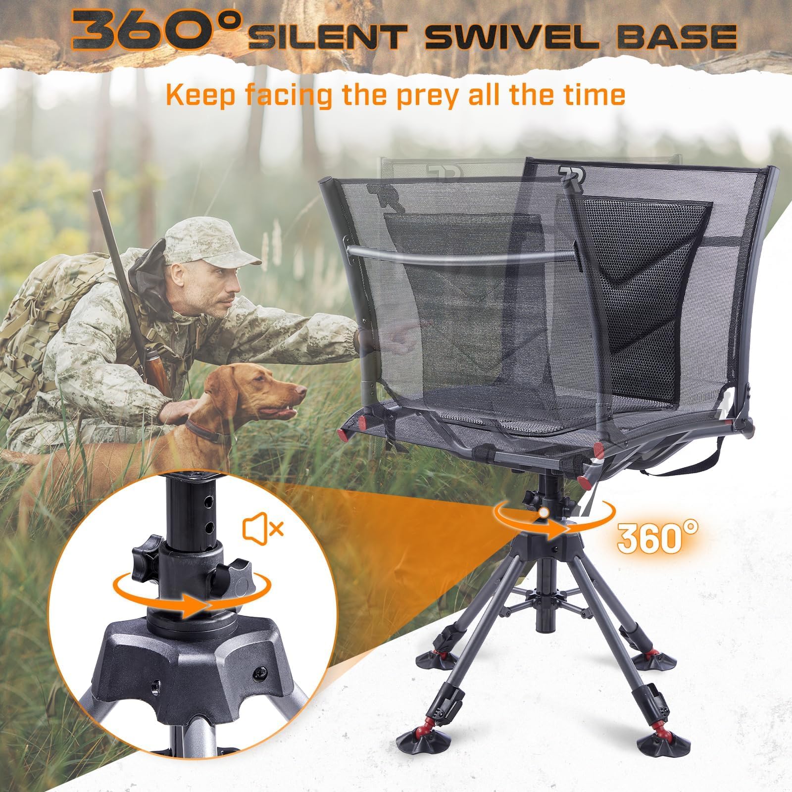 Tr 360 Degree Swivel Hunting Blind Chair,400 Lbs Capacity Silent,4 Legs Height Adjustable,Comfortable Padded Seat,Portable Groun
