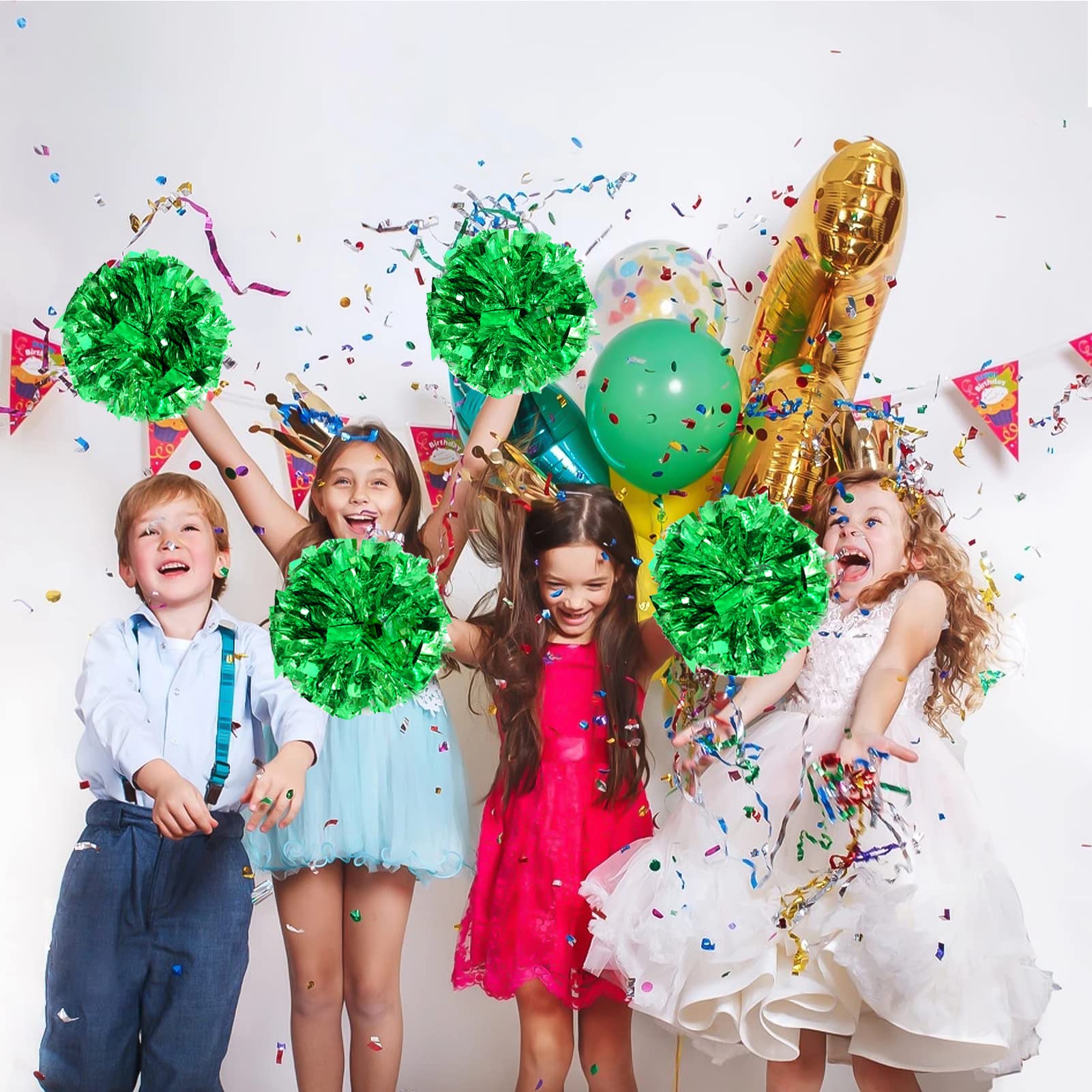 4Pcs Metallic Cheerleading Pom Poms, Creatiee 2 Pair Cheerleader Cheering Squad Pompoms For School Sports Dance Games Team Spiri