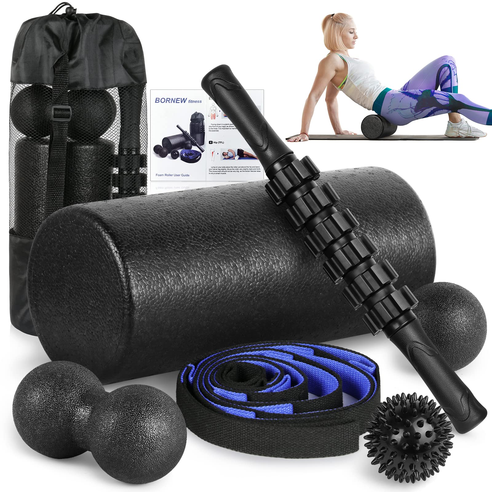 Foam Roller Set - High Density Back Roller, Muscle Roller Stick,2 Foot Fasciitis Ball, Stretching Strap, Peanut Massage Ball For