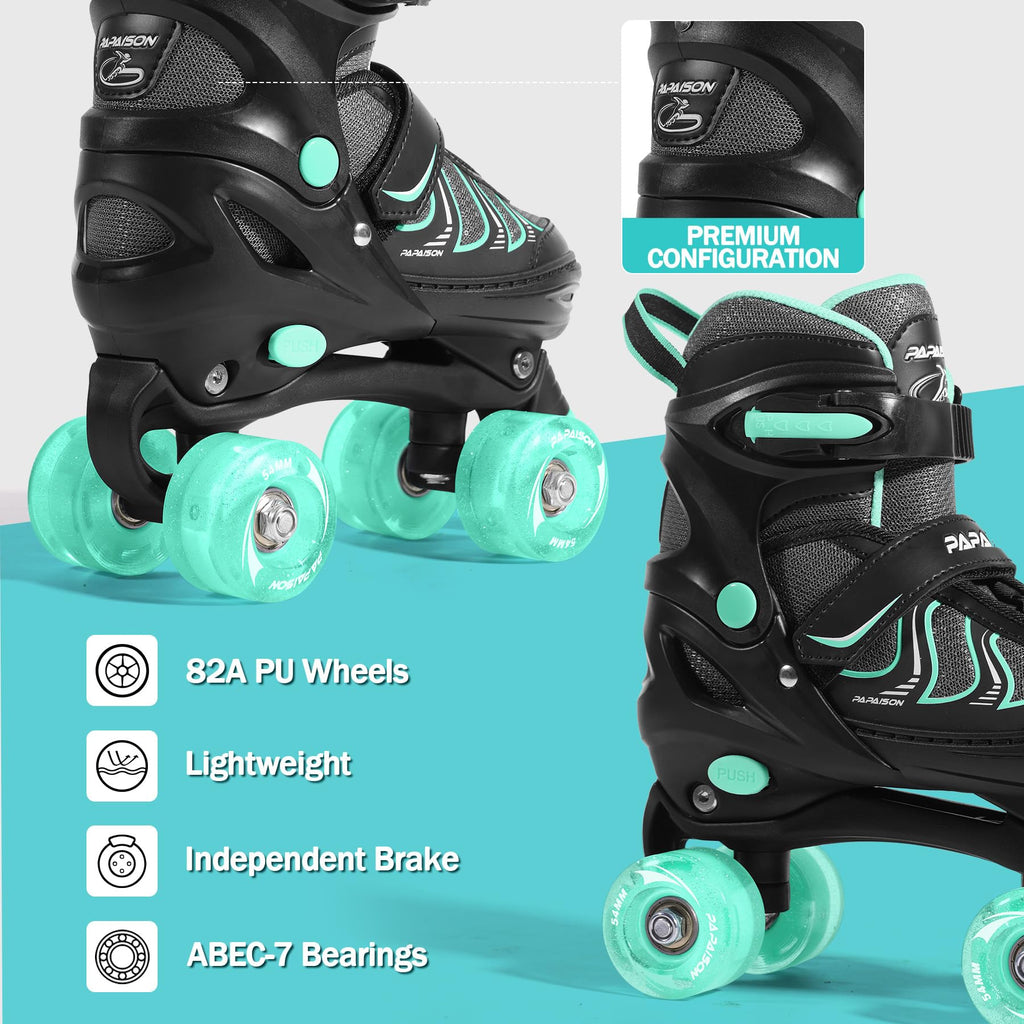PAPAISON Roller Skates for Girls Ages 8-12, Adjustable Size Youth Women Quad Skates with Light up Wheels Indoor Outdoor
