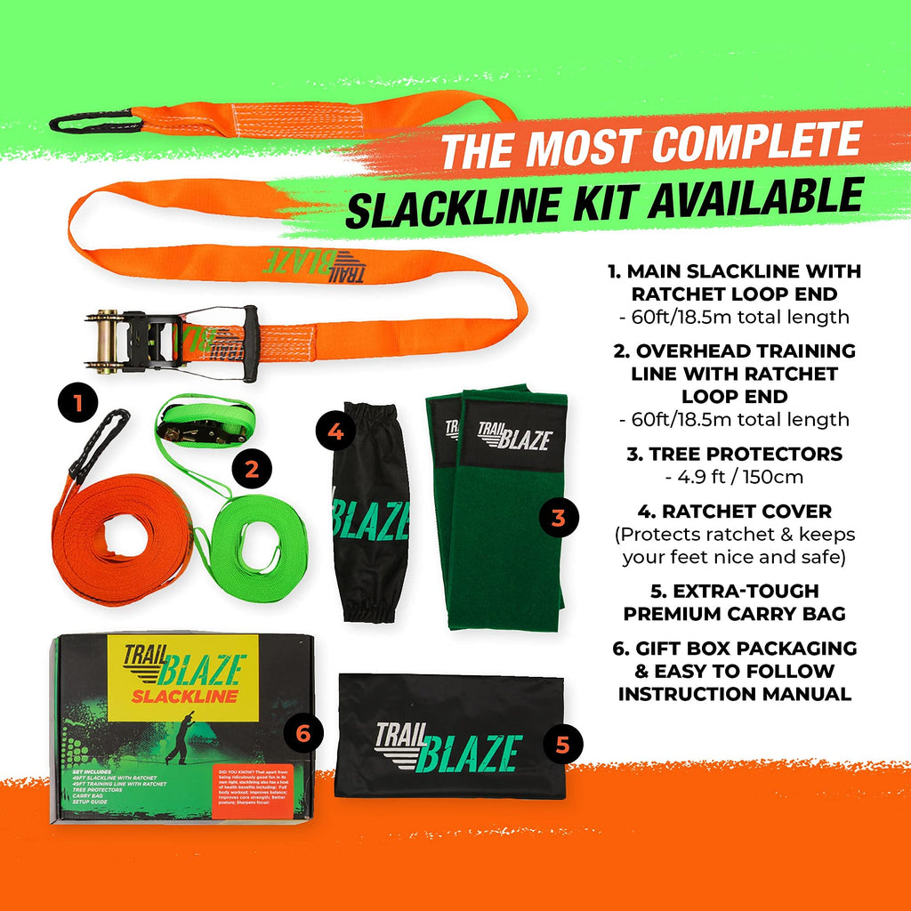 Complete Slackline Kit With Training Line - 60Ft Longer Line Wider Tree Protectors, Slack Lines For Backyard For Kids Adults, Ti