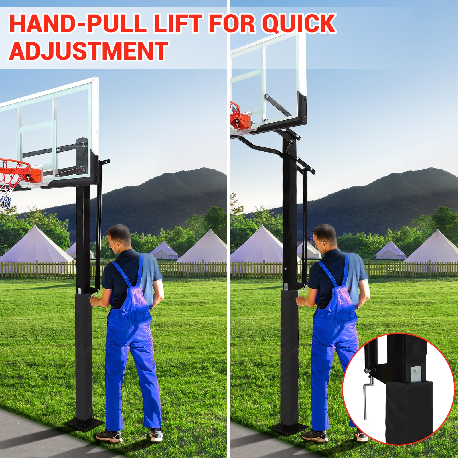Basketball Hoop Outdoor In Ground with Anti-Collision Foam, 55 Shatterproof Quick Adjustable 8-10ft Basketball Hoop Inground wit