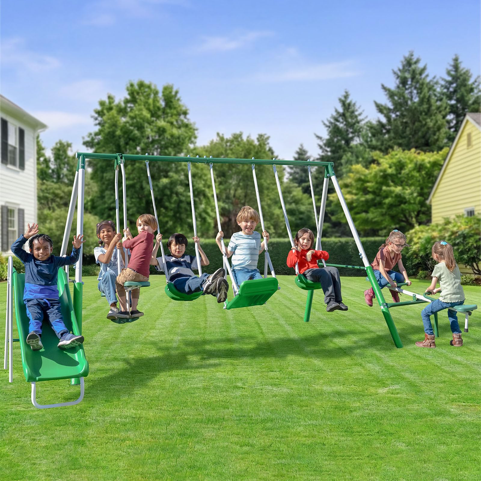 Sportspower Park Ridge Metal Swing Set for Ages 3-8, 2 Swings, Standing Swing, Roman Glider, Teeter Totter, 5ft Slide, 6.1ft Dur
