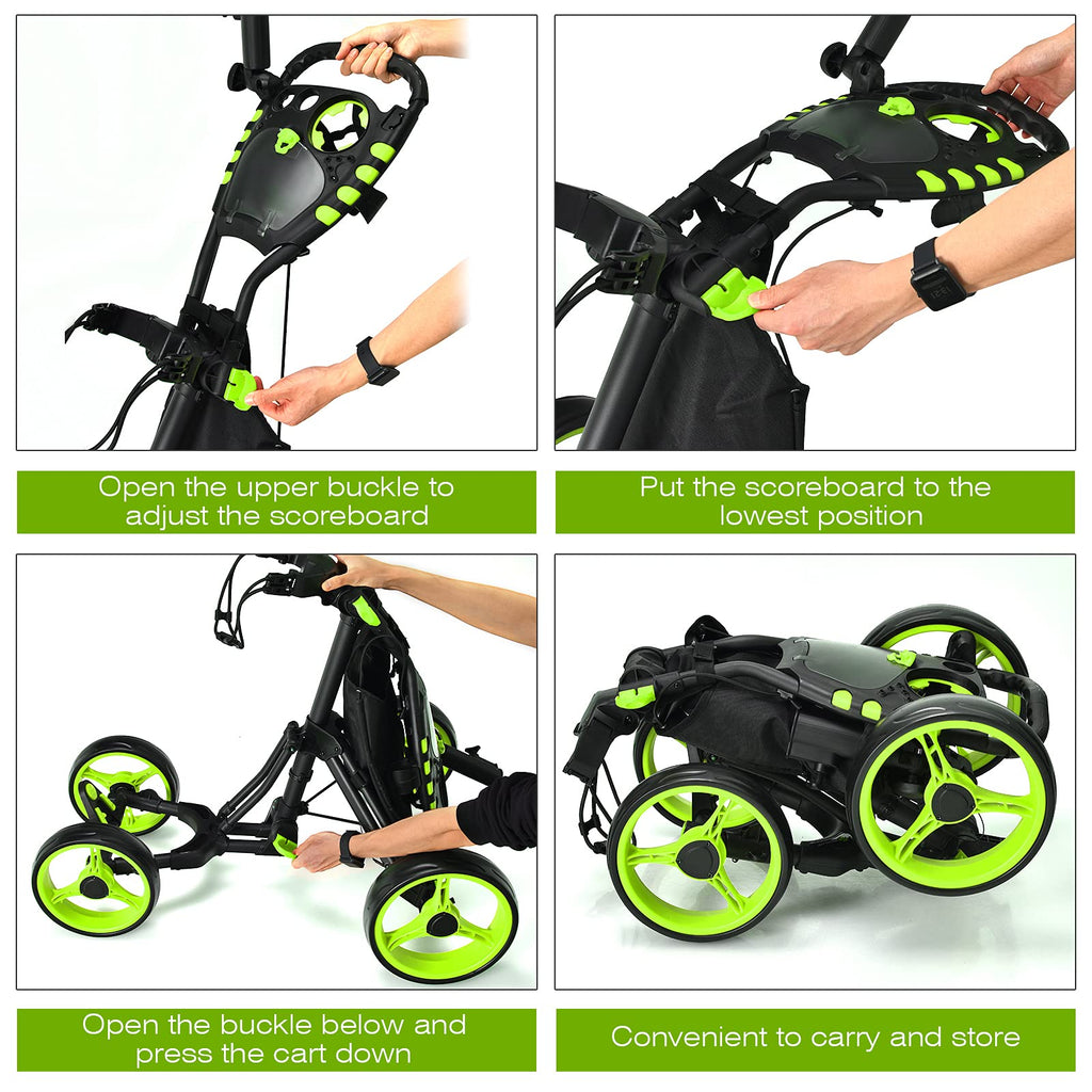 Gymax Folding Golf Push Cart, Height Adjustable Portable Caddy Cart With Umbrella Holder, Waterproof Bag, Built-In Cooler & Foot