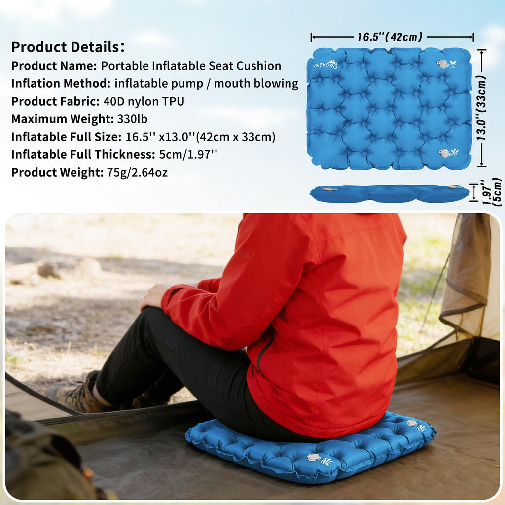 Yeekoro Inflatable Seat Cushion, Lightweight Camping Air Sitting Pad With Repair Cloths, Waterproof Stadium Seat Pad, Portable S