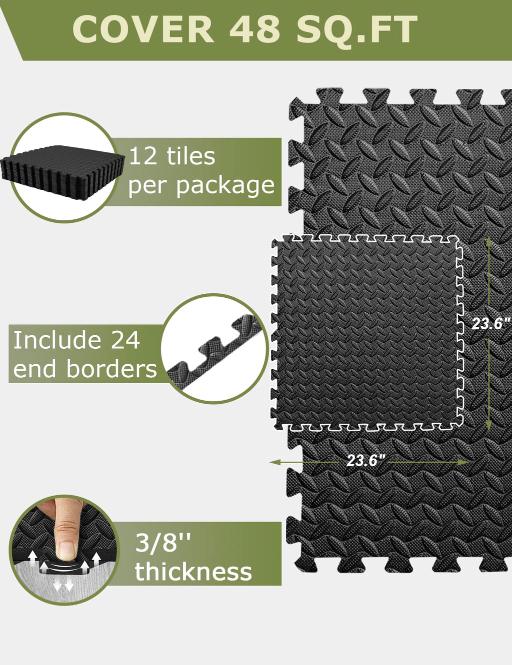 Innhom Gym Flooring Gym Mats Exercise Mat For Floor Workout Mat Foam Floor Tiles For Home Gym Equipment Garage, 12 Pieces Black