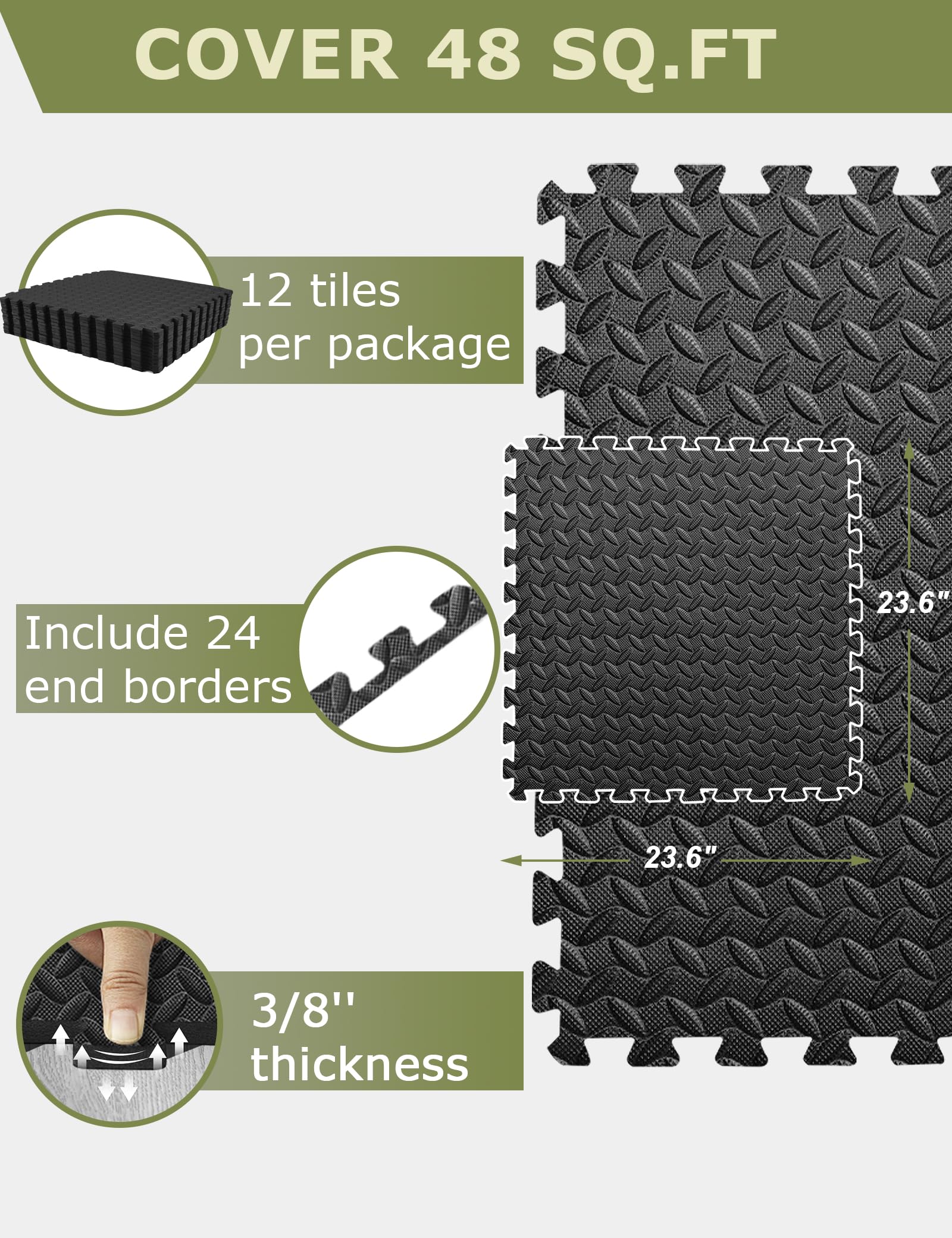 Innhom Gym Flooring Gym Mats Exercise Mat For Floor Workout Mat Foam Floor Tiles For Home Gym Equipment Garage, 12 Pieces Black