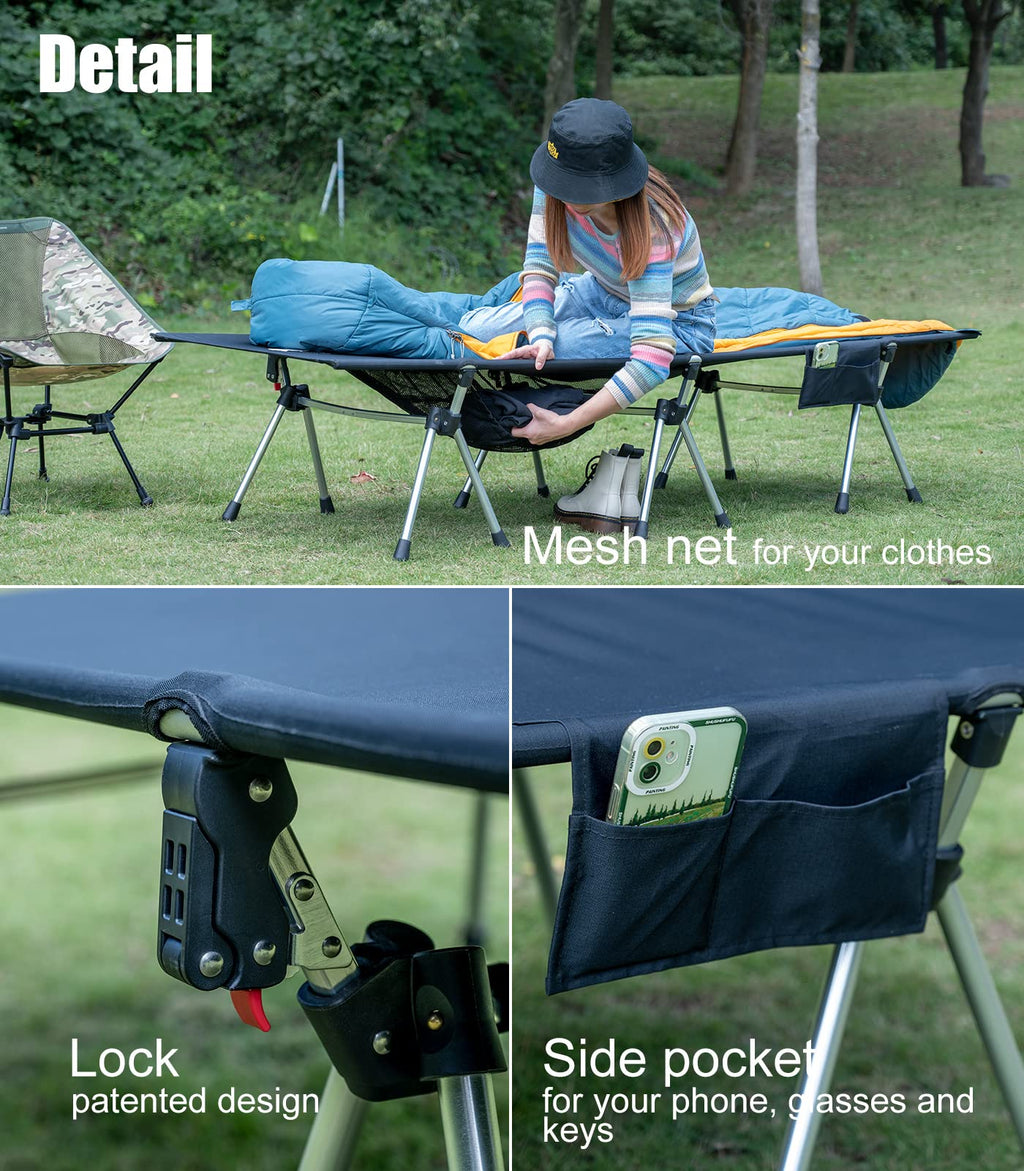 Iclimb Super Easy Assemble Folding Cot Ultralight Compact Heavy Duty With Carry Bag For Adults Camping Backpacking (Black, Two H