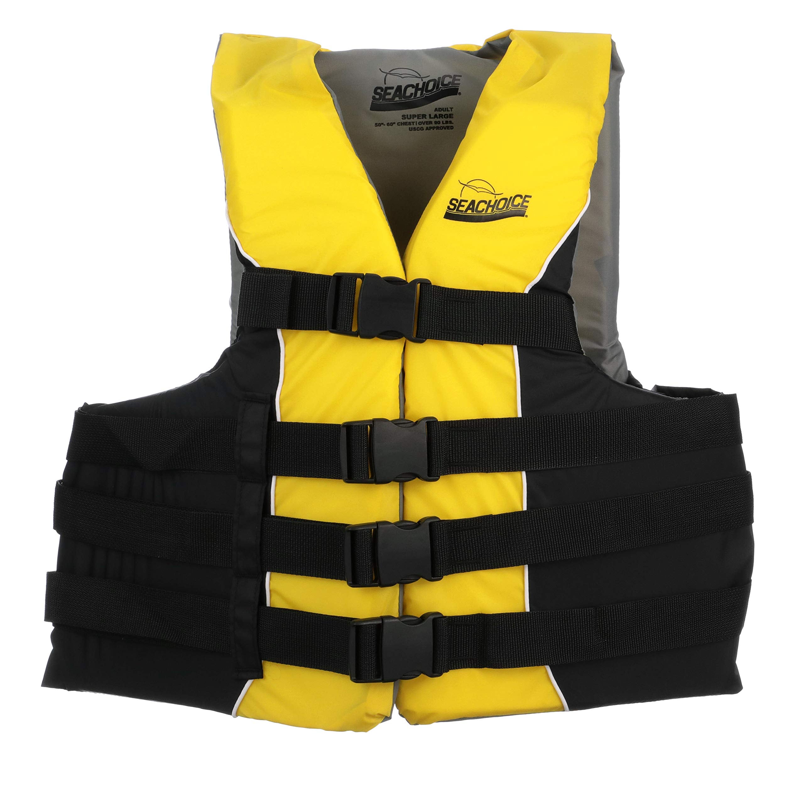 Seachoice Level 70 Life Jacket, Deluxe Adjustable 4-Belt Ski Vest, Yellow And Black, Size Xxl/Xxxl, 50-60 In. Chest