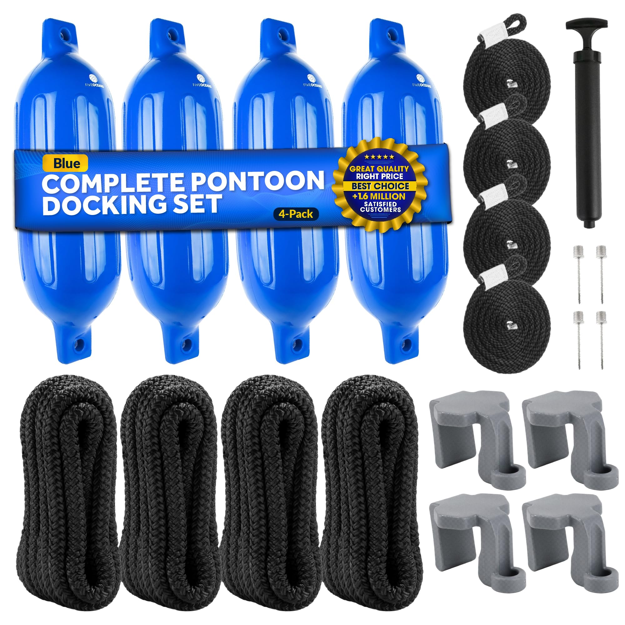 Five Oceans Boat Fenders Complete Set - Includes 4-Pack 4.5 X 16-Inch, Blue - Boat Bumpers Clips, Dock Lines 3/8'' X 15' - 4 Rop