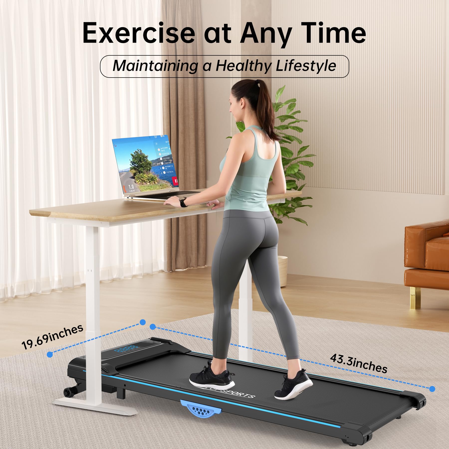 Modida 2-In-1 Under Desk Treadmill, Foldable Walking Pad For Home Office, Portable Electric Treadmill With Remote Control & Led