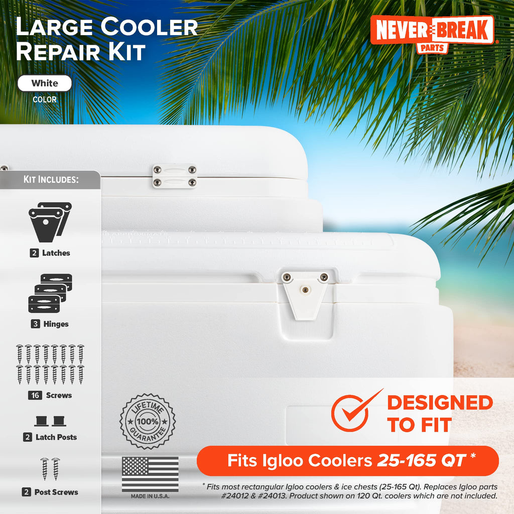 Neverbreak Parts - Igloo Cooler Replacement Parts - Large White Kit (3 Hinges, 2 Latches With Posts And Screws)  High Strength I