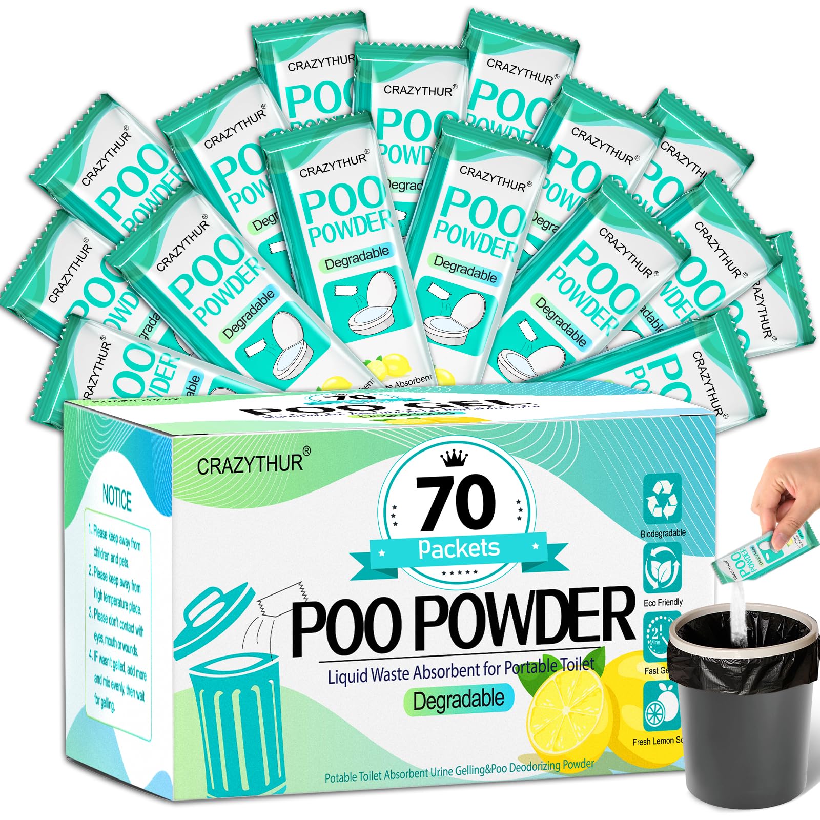 Crazythur Portable Toilet Gel, 70 Packets Camp Toilet Poo Gel, Lemon Scent, Eco For Outdoor Hiking And Camping