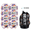 Select Numero 10 Turf Match Soccer Ball, 8-Ball Pack with Duffle Ball Bag and Hand Pump, White/Orange/Purple V25, Size 5