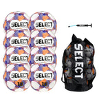 Select Numero 10 Turf Match Soccer Ball, 8-Ball Pack with Duffle Ball Bag and Hand Pump, White/Orange/Purple V25, Size 5