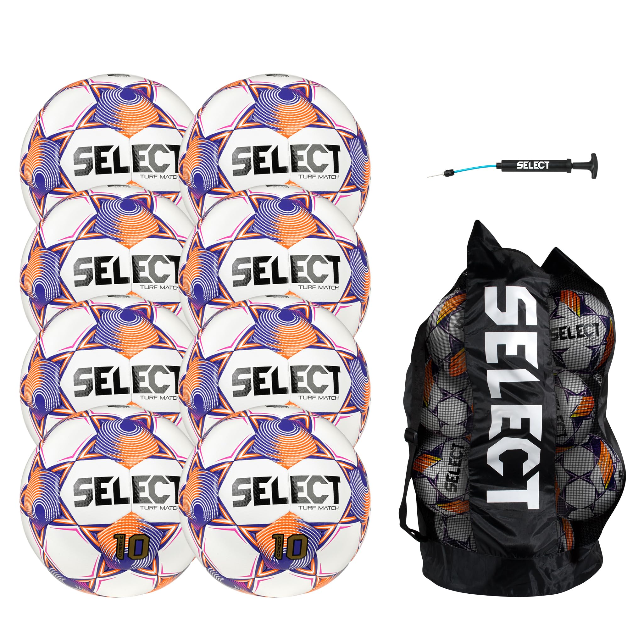 Select Numero 10 Turf Match Soccer Ball, 8-Ball Pack with Duffle Ball Bag and Hand Pump, White/Orange/Purple V25, Size 5
