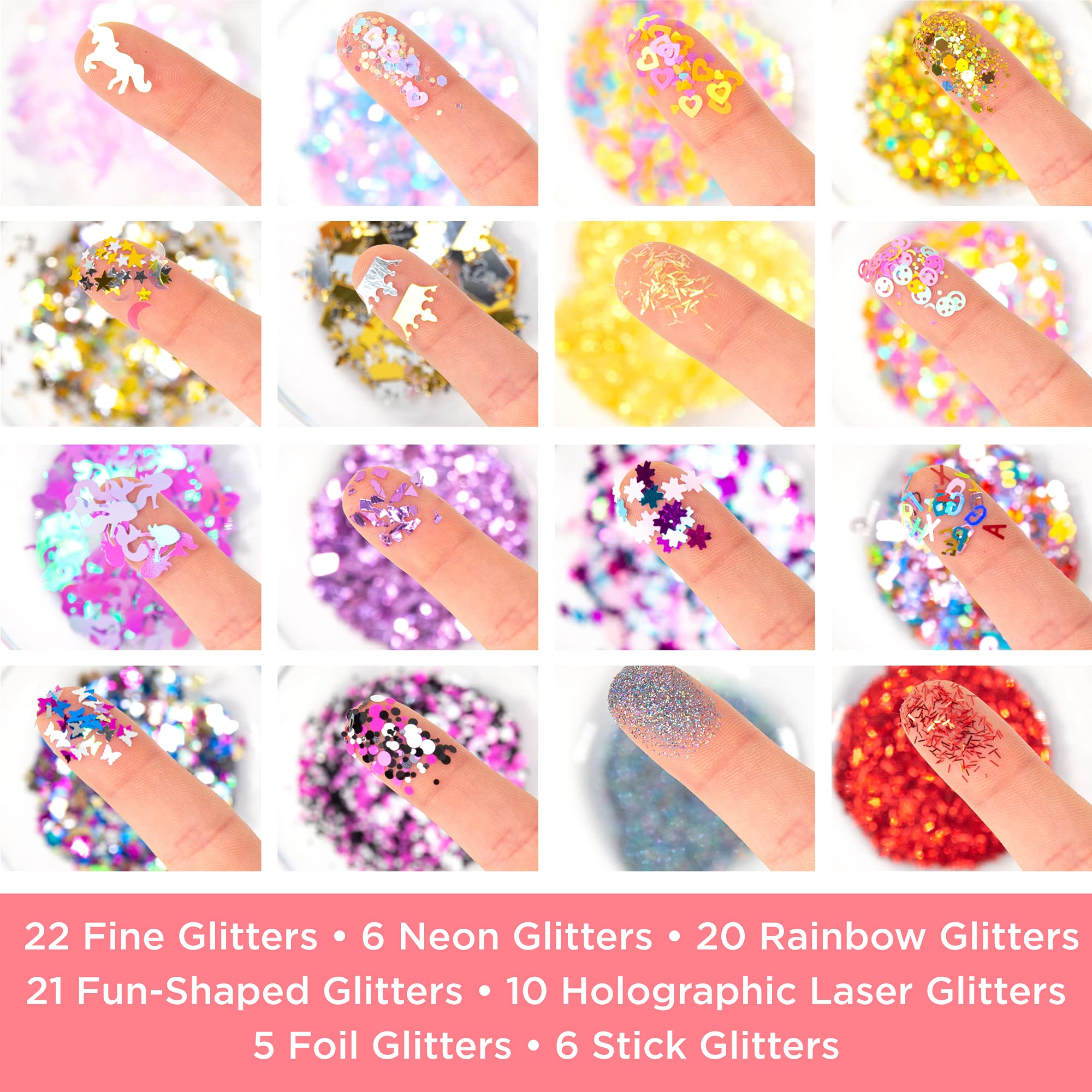 Horizon Group Usa Assorted Glitter Set Of 90 Colors, Fine Glitter, Chunky Glitter, Neon Glitter, Glitter Shapes, Foil Glitter, B