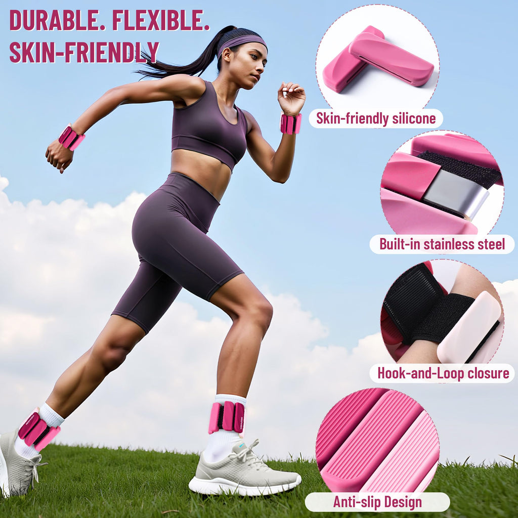 INDEPANDIA Wrist & Ankle Weights for Women and Men, 2lbs Pair Adjustable Silicone Weighted Bangles for Arm & Leg Workouts, Perfe