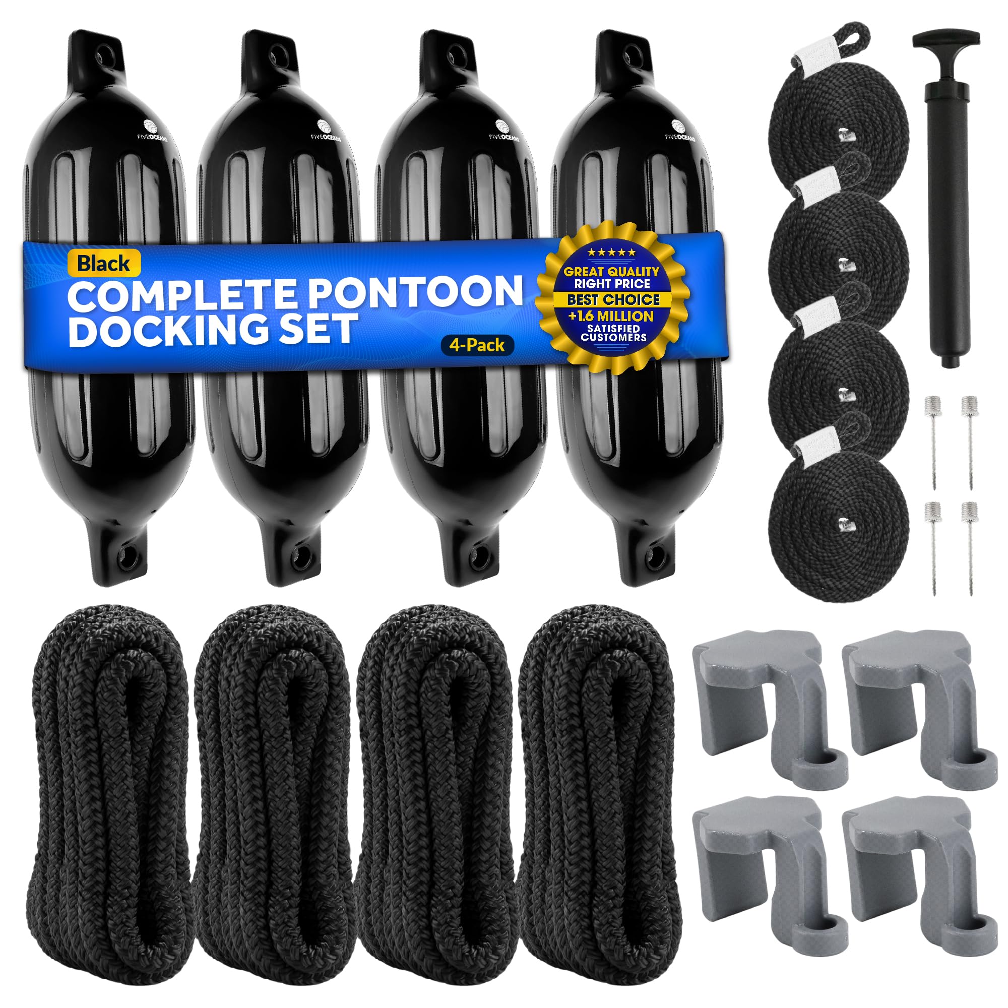 Five Oceans Boat Fenders Complete Set - Includes 4-Pack 4.5 X 16-Inch, Black - Boat Bumpers Clips, Dock Lines 3/8'' X 15' - 4 Ro