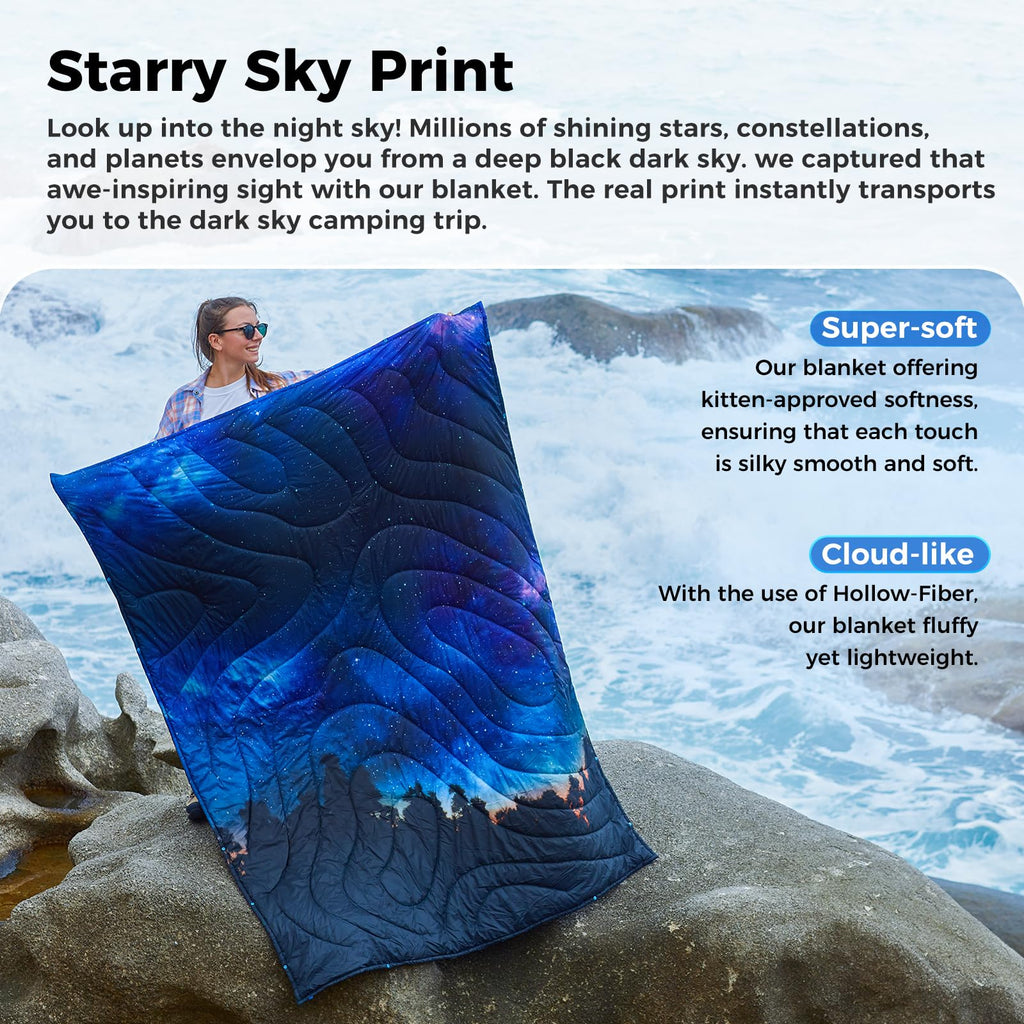 Kingcamp Ultralight Camping Blanket, Packable Down Alternative Puffy Printed Wearable Blanket With Snap Buttons & Corner Loops W