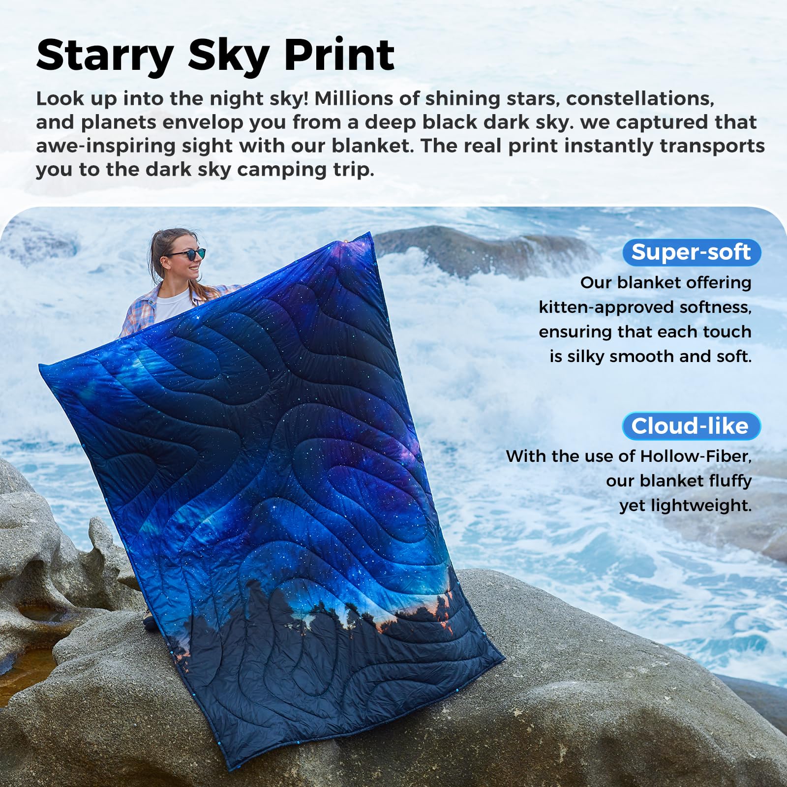 Kingcamp Ultralight Camping Blanket, Packable Down Alternative Puffy Printed Wearable Blanket With Snap Buttons & Corner Loops W
