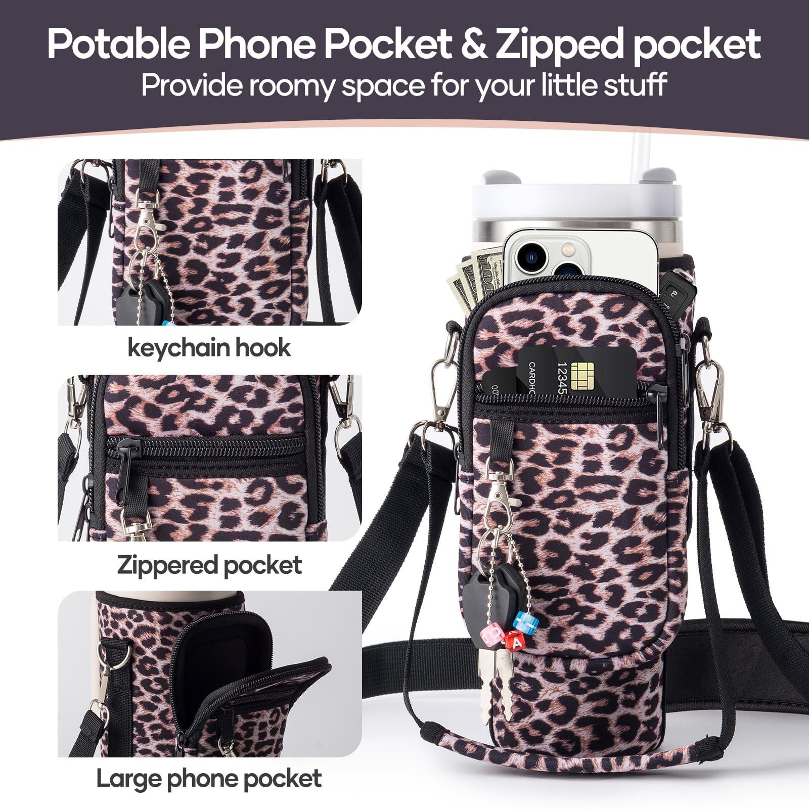 Water Bottle Carrier Bag With Phone Pocket For Stanley Cup 40/30Oz,Insulated Neoprene Water Bottle Holder Cross-Boday Bag With A