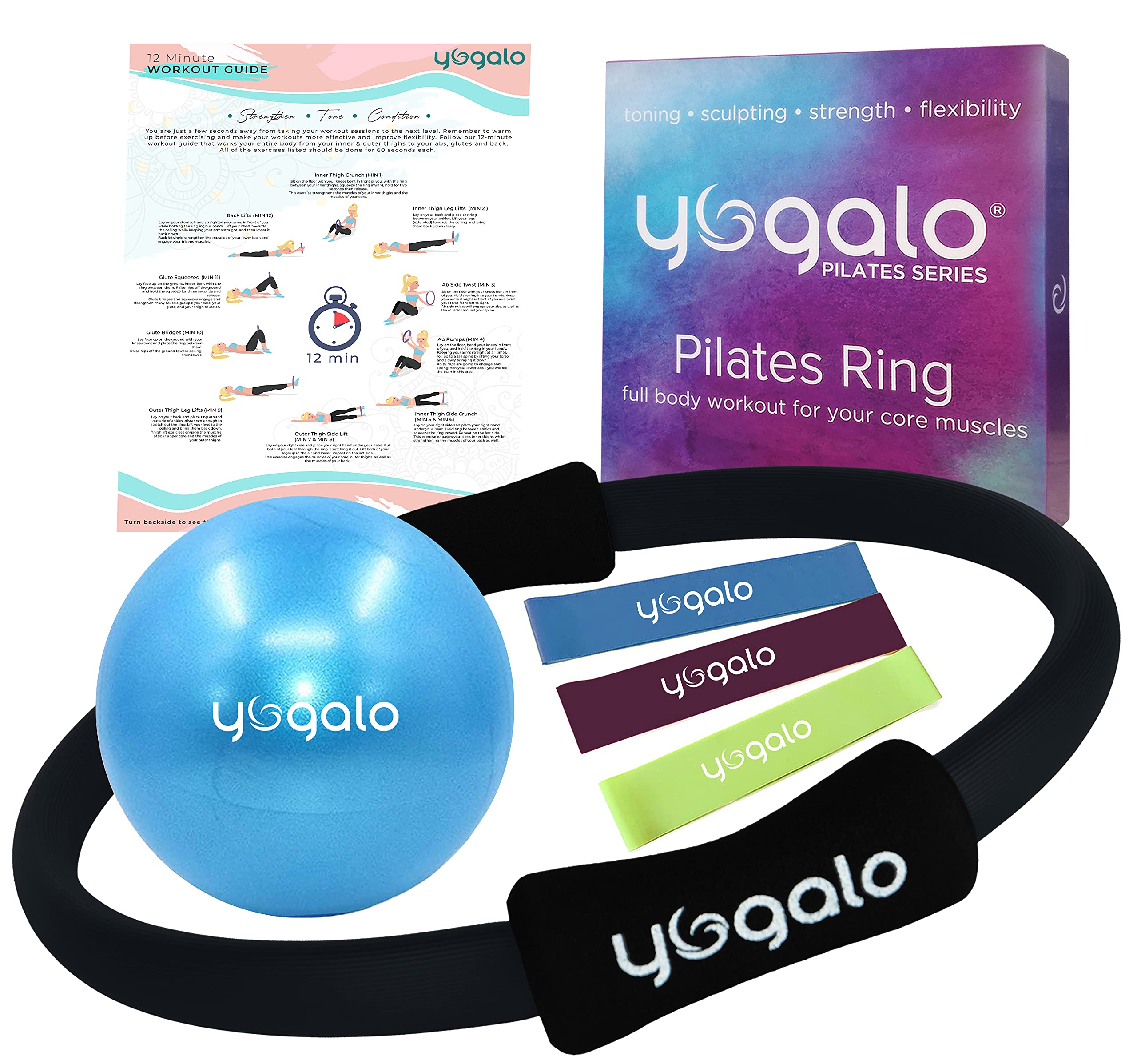 Pilates Ring And Ball Set With 3 Resistance Bands - Pilates Equipment For Home Workout - Magic Circle Pilates Ring 14 Inch To To