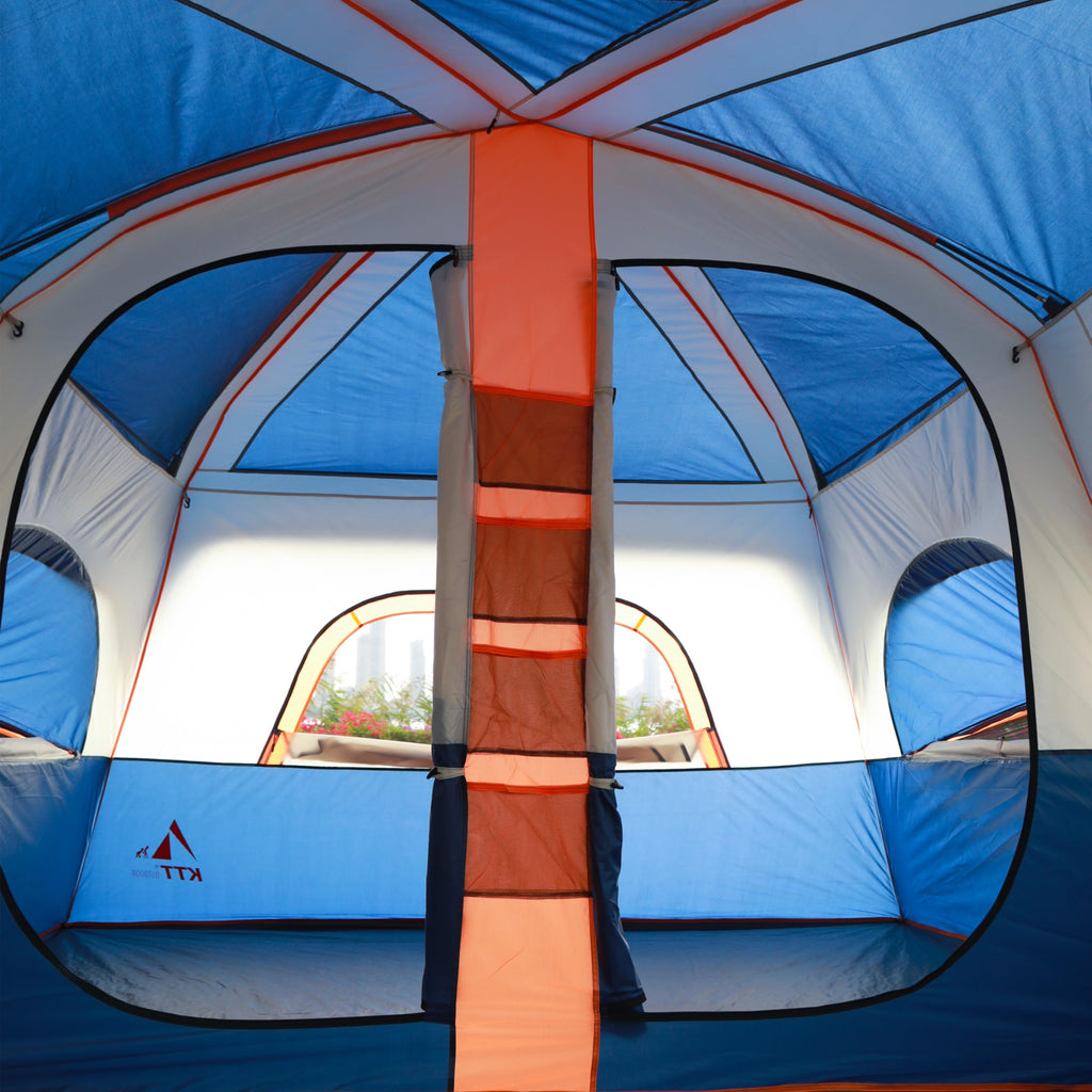 Ktt Extra Large Tent 12 Person,2 Bay-Windows,Family Cabin Tents,14'Lx10'Wx6.58'H,2 Rooms And 3 Doors 3 Windows With Mesh,Waterpr