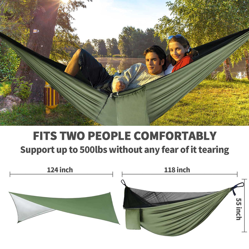Gymolo Camping Hammock - Hammocks With Mosquito Net Tent And Rain Fly Tarp, Portable Single & Double Nylon Parachute Hammock Wit