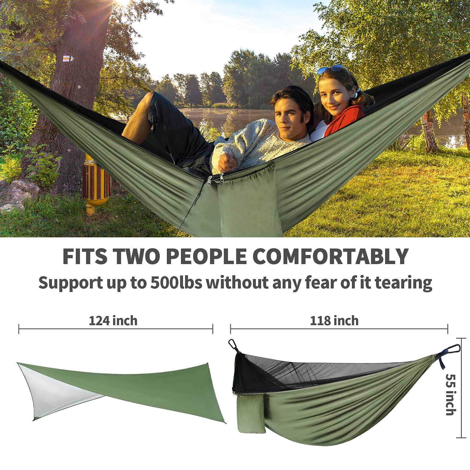 Gymolo Camping Hammock - Hammocks With Mosquito Net Tent And Rain Fly Tarp, Portable Single & Double Nylon Parachute Hammock Wit