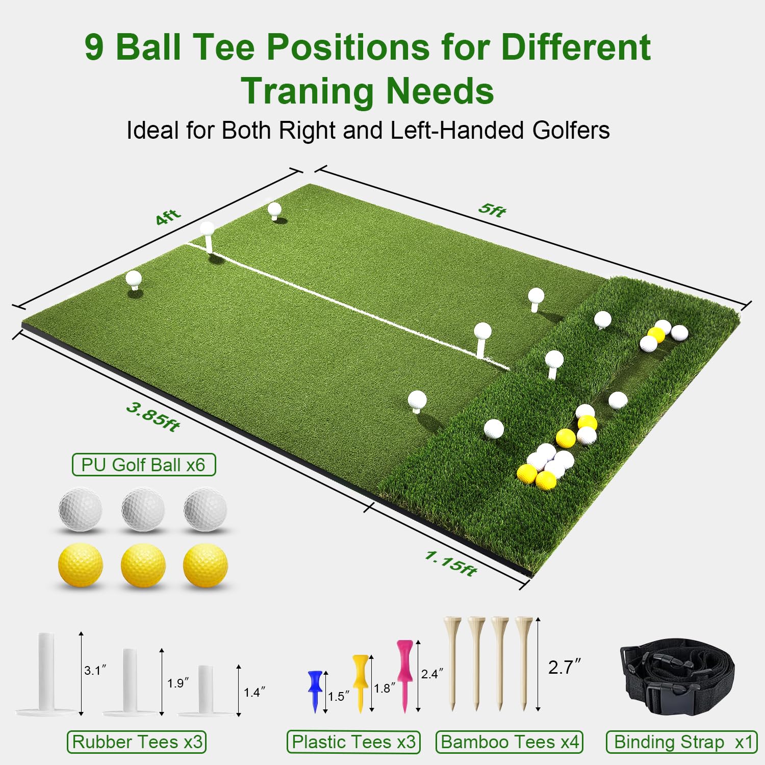 5X4Ft Golf Mat With Ball Tray, Thickened Dual-Turf Golf Hitting Mat With Alignment Lines For Indoor & Outdoor Use, Golf Practice