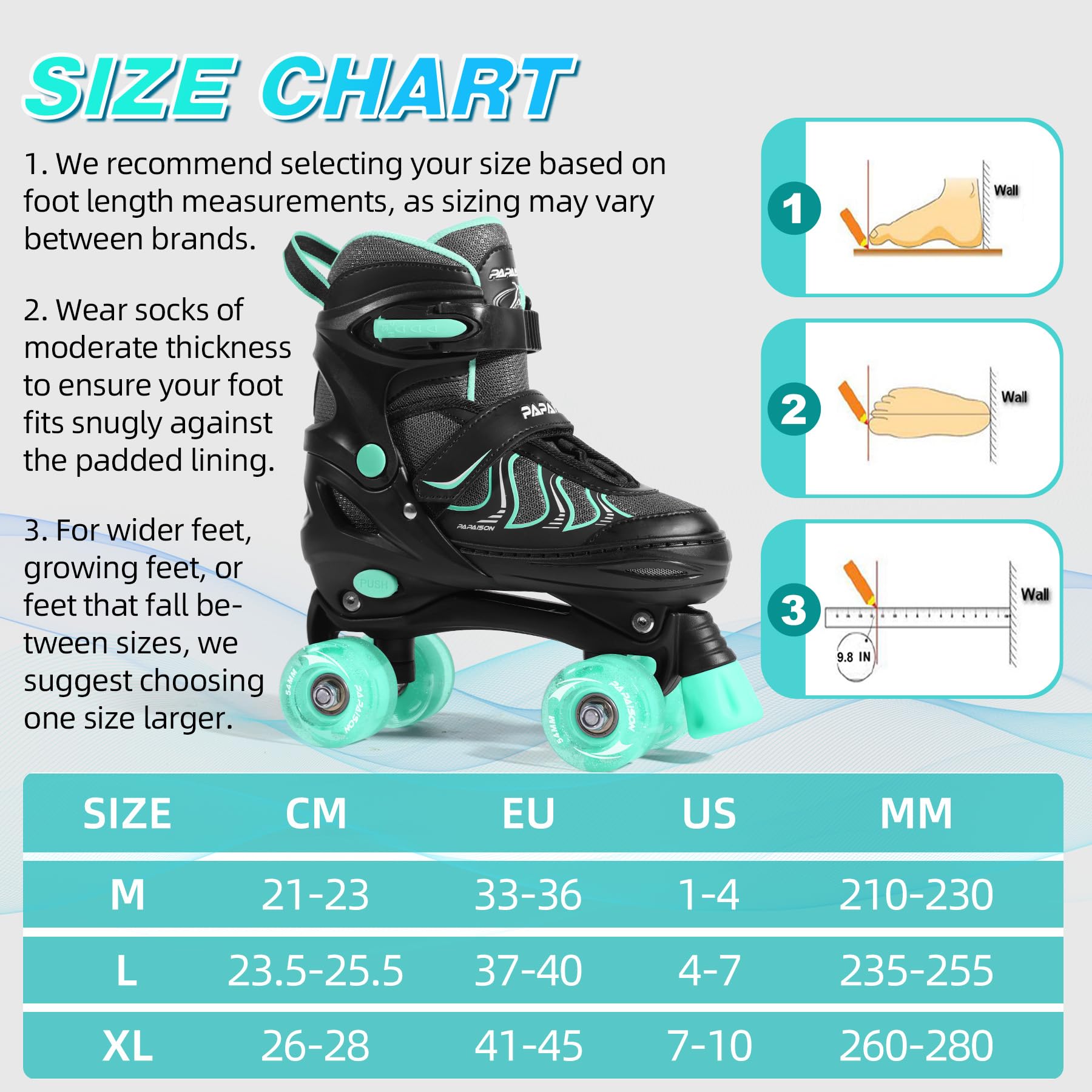PAPAISON Roller Skates for Girls Ages 8-12, Adjustable Size Youth Women Quad Skates with Light up Wheels Indoor Outdoor
