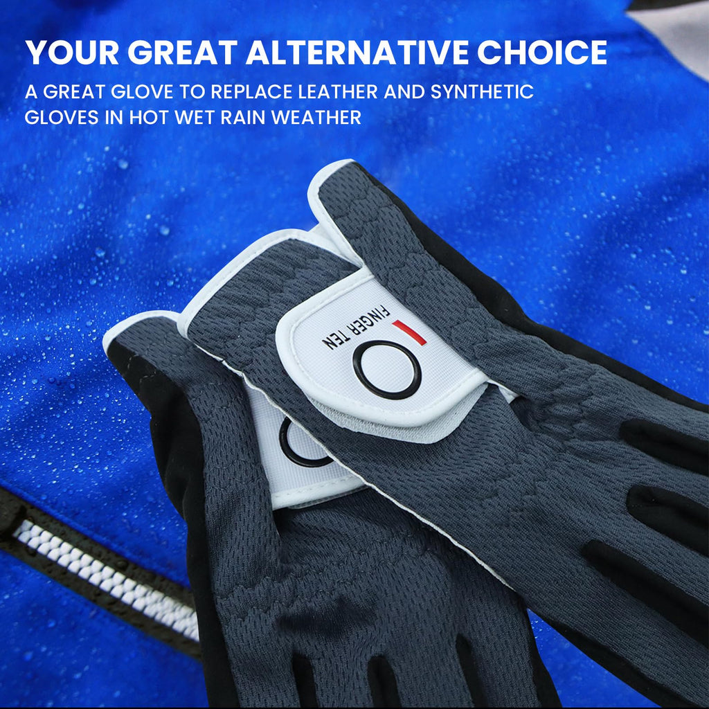 Finger Ten Men? Golf Glove Left Hand Rain Grip Pack, Durable Fit For Hot Wet All Weather (Black, Large)