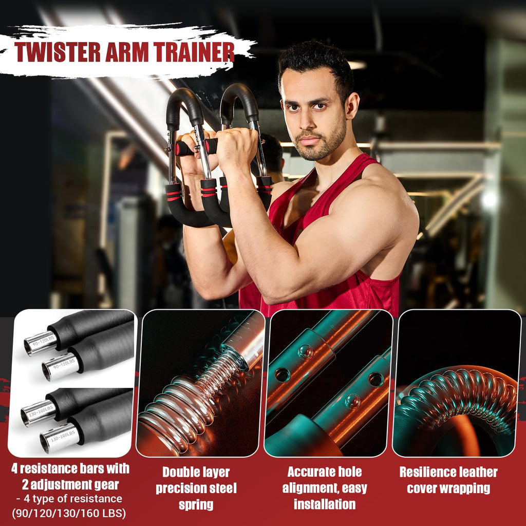 Twister Arm Trainer, 90-160 lbs Adjustable Twister Arm Chest Exerciser with 2/4 Spring & Poster for Men & Women, Detachable Powe