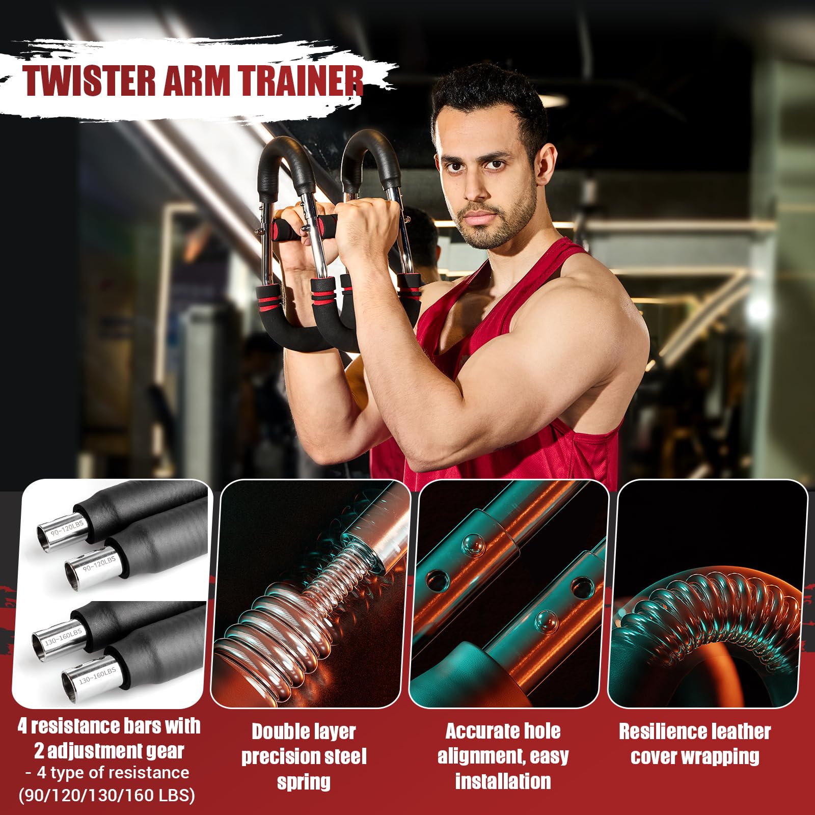 Twister Arm Trainer, 90-160 lbs Adjustable Twister Arm Chest Exerciser with 2/4 Spring & Poster for Men & Women, Detachable Powe