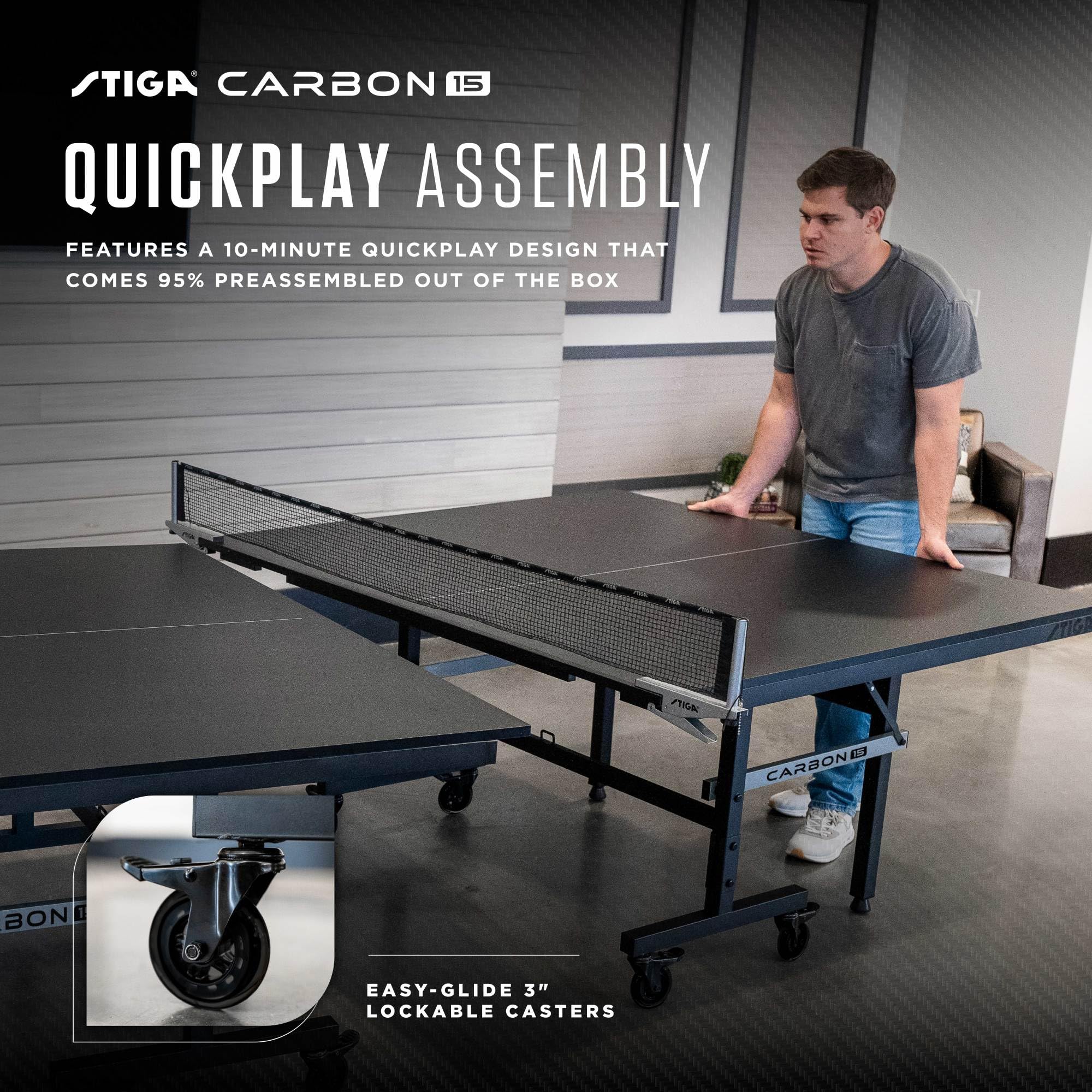 STIGA Carbon 15 - Carbon Series Indoor Ping Pong Table - 15mm Table Tennis Playfield, QuickPlay 10-Minute Assembly, Built-in Bal