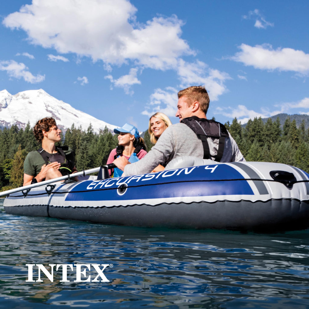 Intex 68324Ep Excursion 4 Inflatable Boat Set: Includes Deluxe 54In Aluminum Oars And High-Output Pump - Adjustable Seats With B