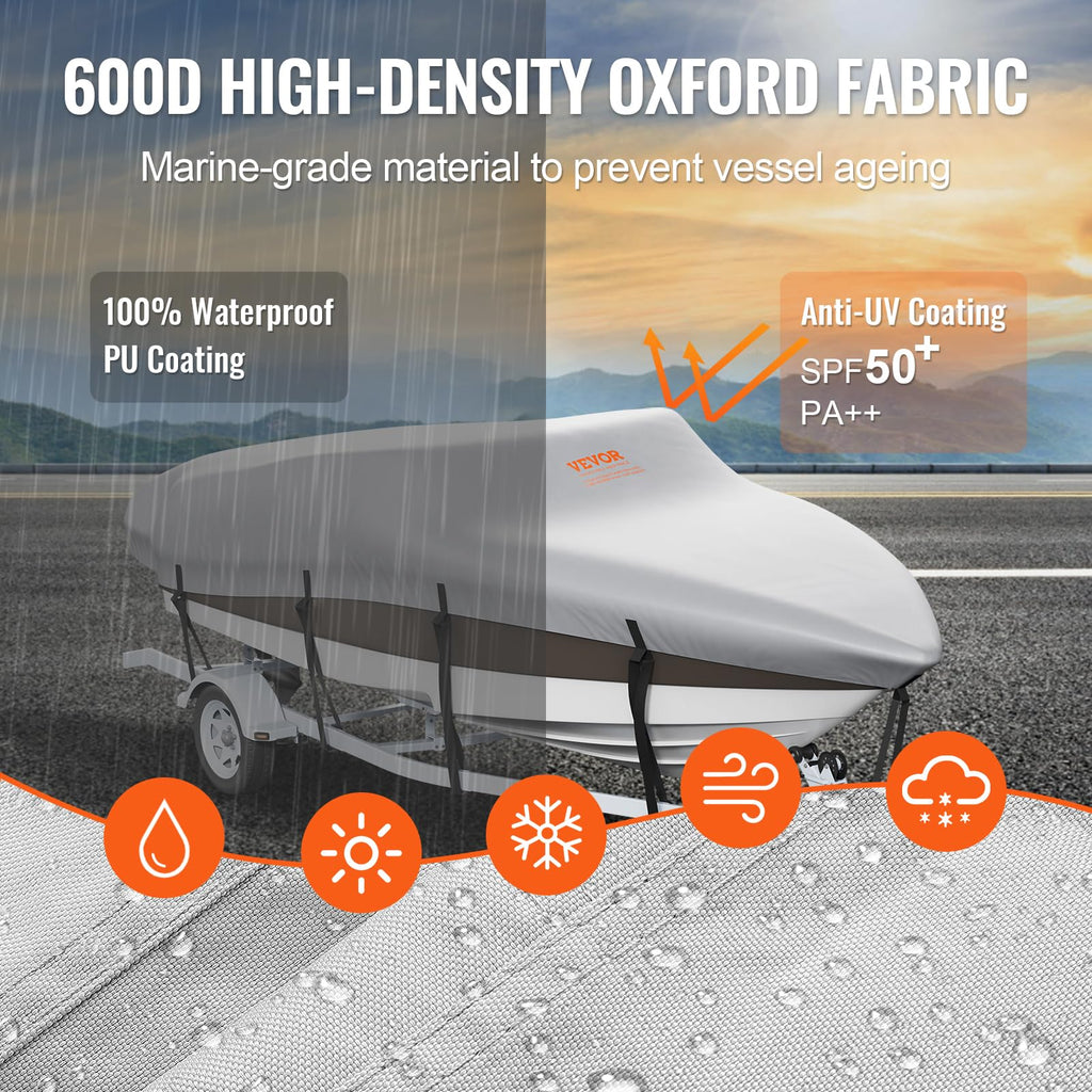 Vevor Boat Cover, 16'-18.5' Trailerable Waterproof Boat Cover, 600D Marine Grade Pu Oxford, With Motor Cover And Buckle Straps,